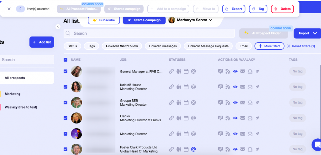 Screenshot of Waalaxy Lead Export List for CSV