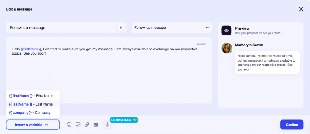 Screenshot of Waalaxy message creation window