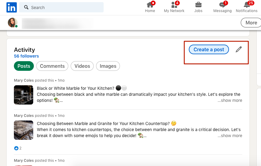 Screenshot of the "Create a post" menu on LinkedIn.