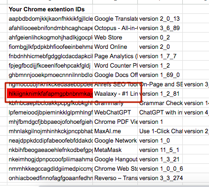 Excel screenshot with a list of extensions, one highlighted in red