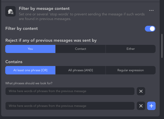 Screenshot filter by message content in Linked Helper