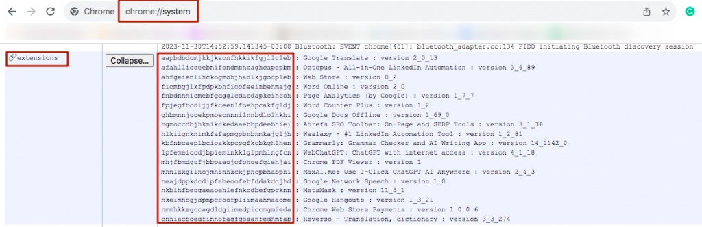 Chrome screenshot with IDs and extension names