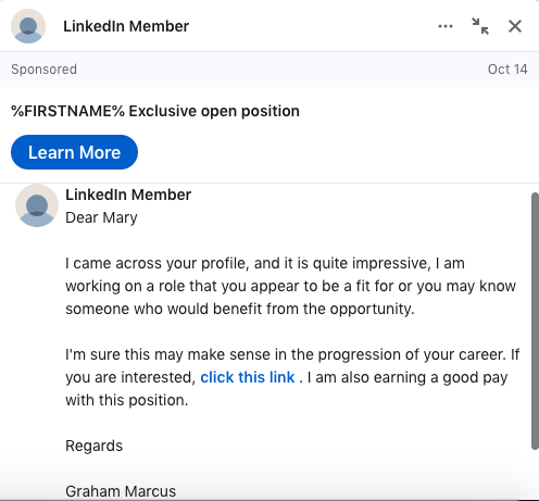 Screenshot of a LinkedIn message with text and a link.