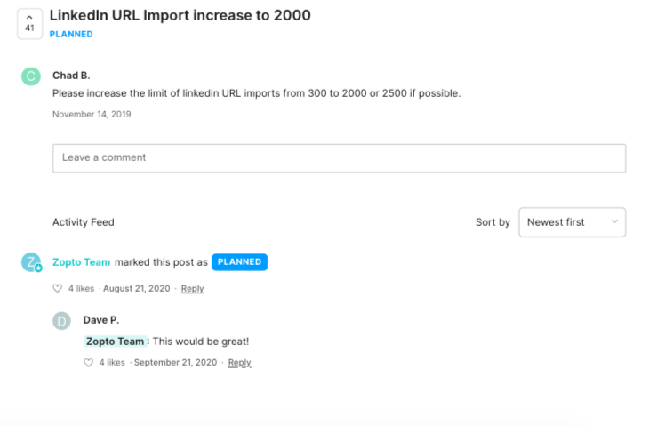 Linked Helper vs. Zopto screenshot of planned feature about limit increase