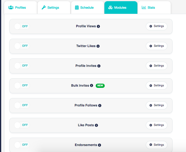 Linked Helper vs. Zopto screenshot of Zopto automation modules