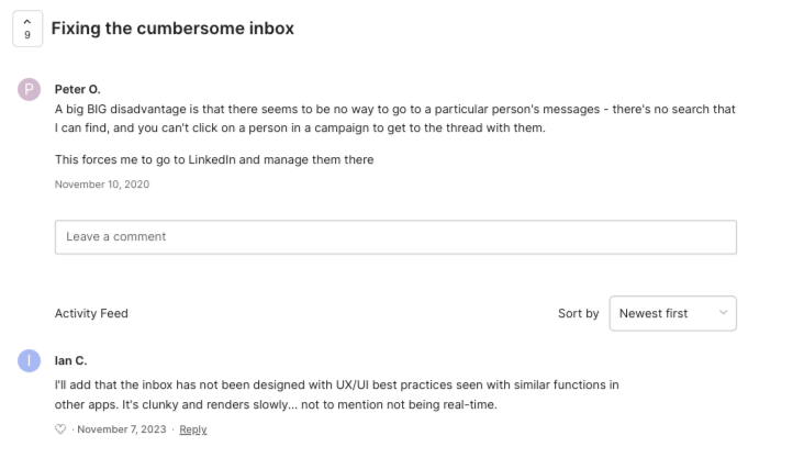 Linked Helper vs. Zopto screenshot of user feedback about the inbox