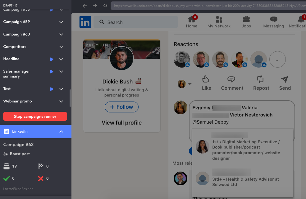 Linked Helper Boost post action execution for LinkedIn engagement