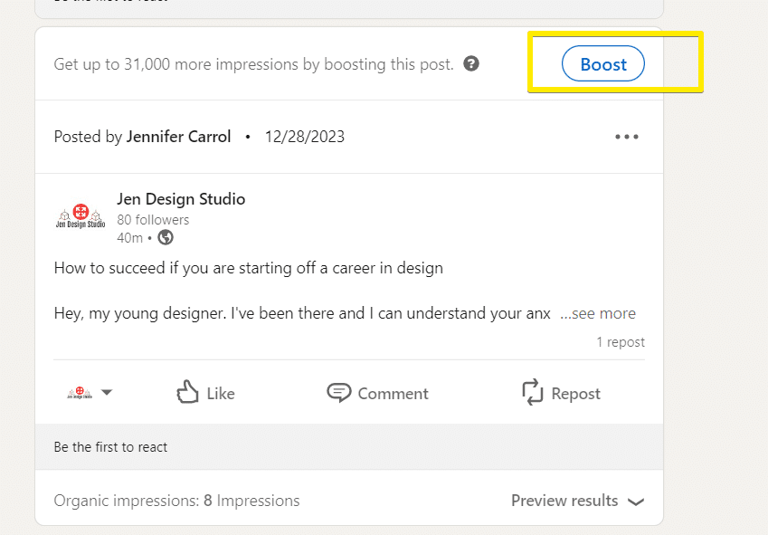 Boost post on LinkedIn button