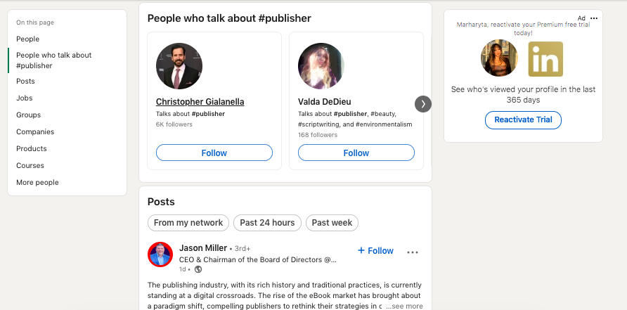Talks about hashtags on LinkedIn - Creator Mode - search engine results