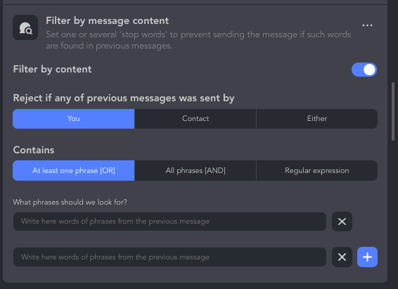 filter by message content in Linked Helper