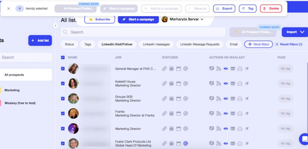 Screenshot of Waalaxy Lead Export List for CSV