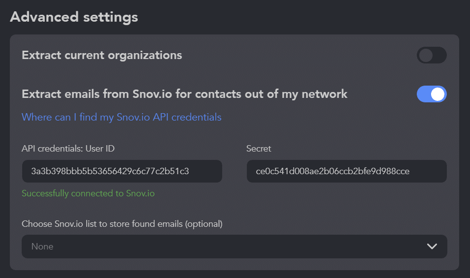 Advanced profiles collection settings extract emails from snov.io for everyone outside your network