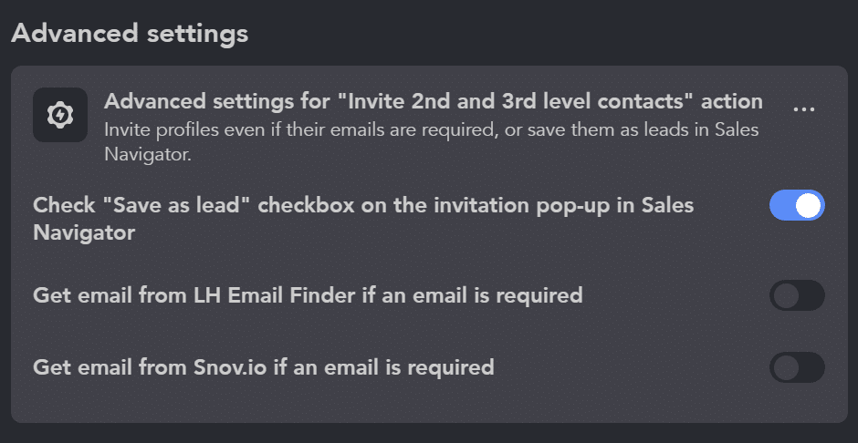 Advanced settings - get email list and save lead to Sales Navigator