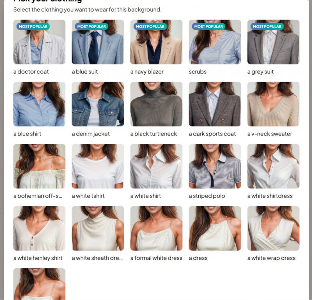 AI LinkedIn headshots - Headshot Pro clothing selection
