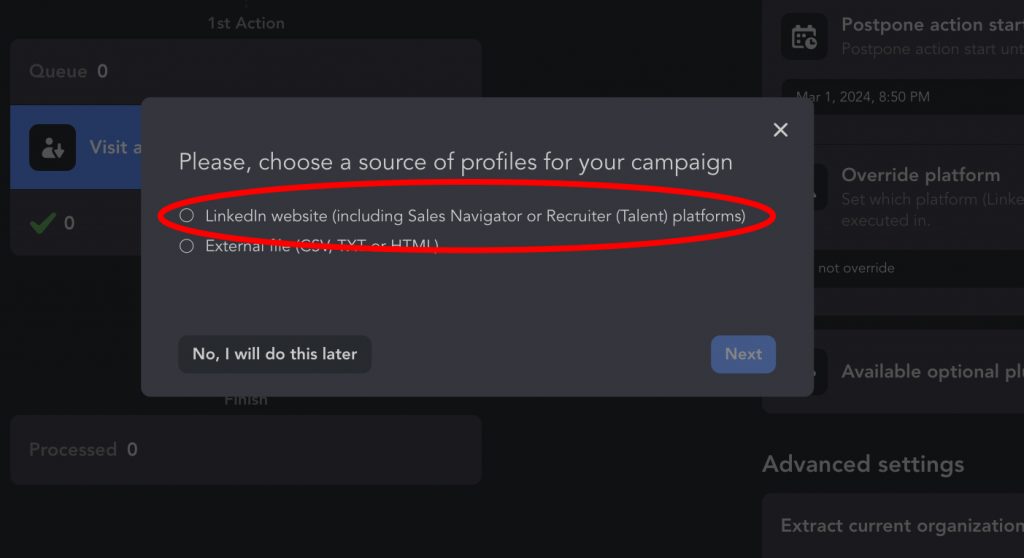 Creating a campaign in Linked Helper and selecting a source.