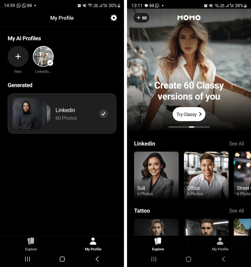 AI LinkedIn headshots - Momo app interface