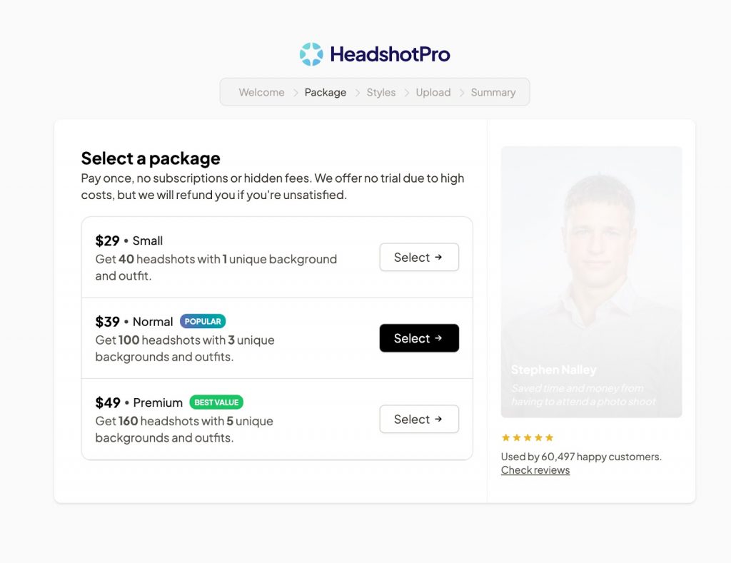 AI LinkedIn headshots - Headshot Pro subscription options