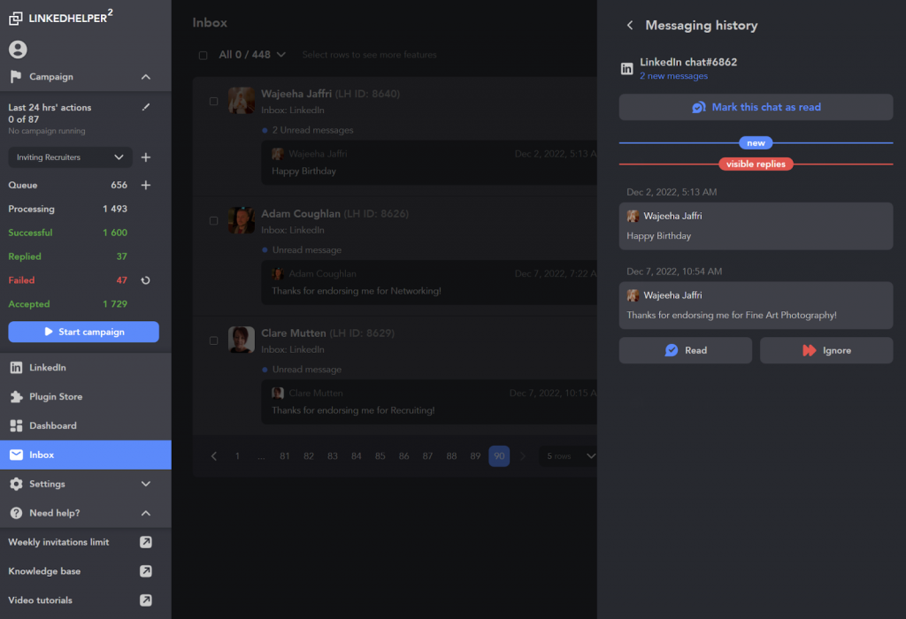 Inbox plug-in - chat and correspondence history