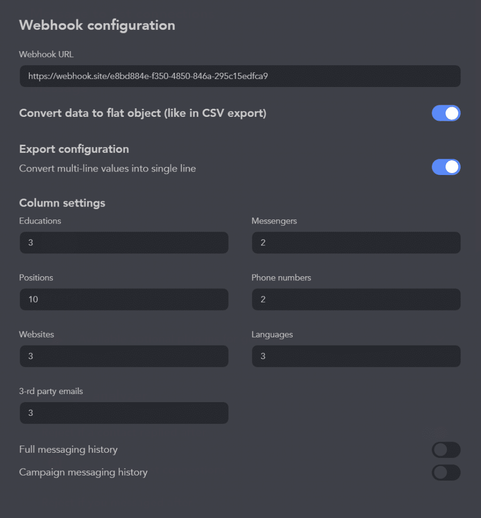 Screenshot - settings to send all users from the campaign to webhook