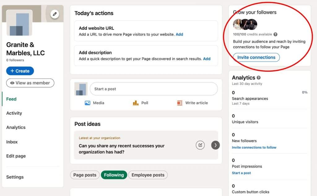 How to convert a LinkedIn company page to a showcase page - screenshot of invitation credits