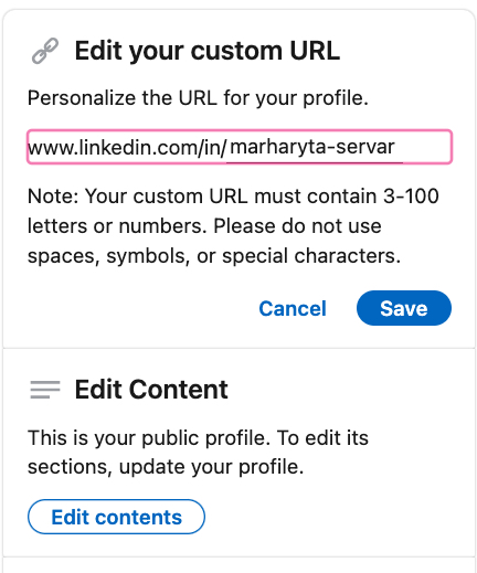 Business card and LinkedIn URL: Screenshot of the LinkedIn interface for editing personal URLs