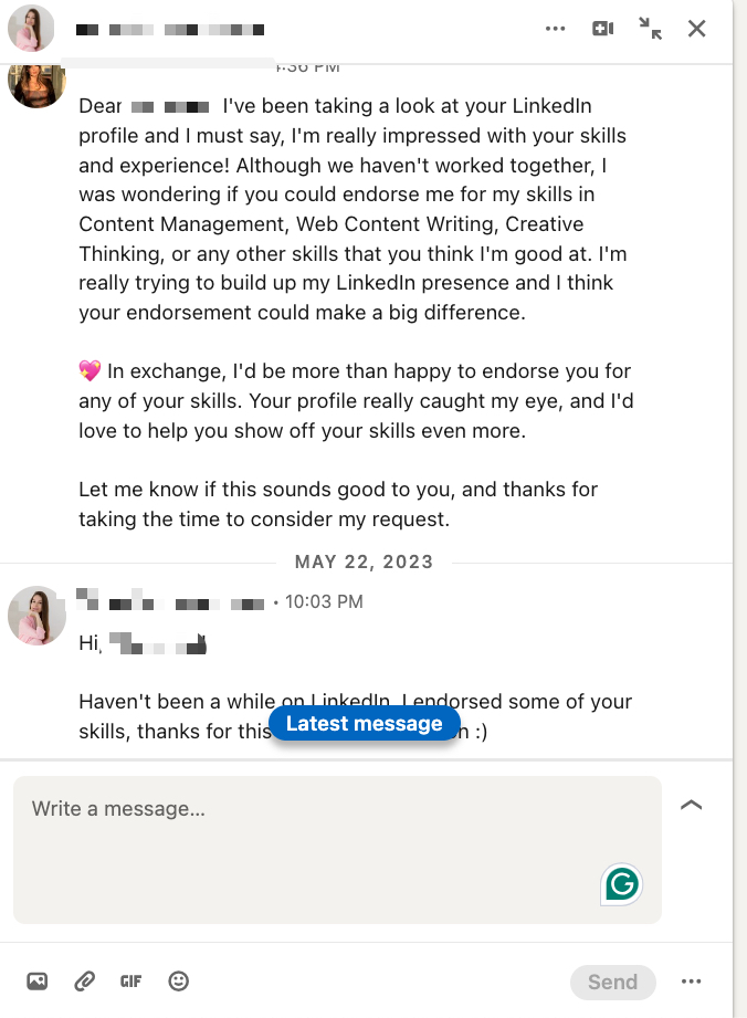 LinkedIn endorsements etiquette - screenshot of message