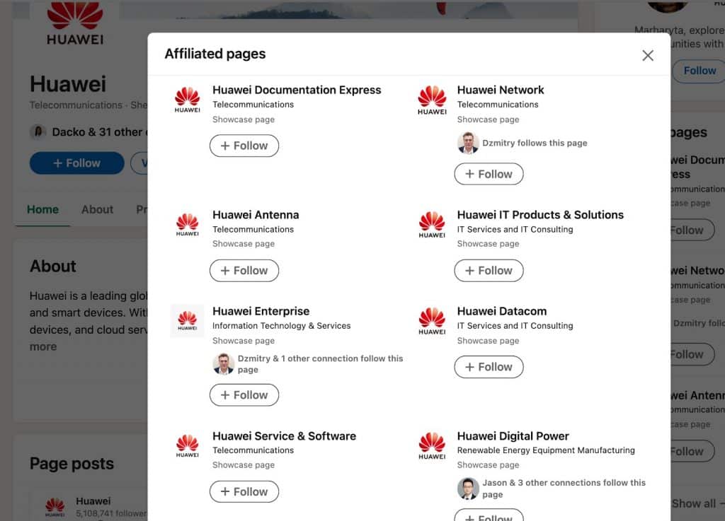 LinkedIn showcase page example by Huawei