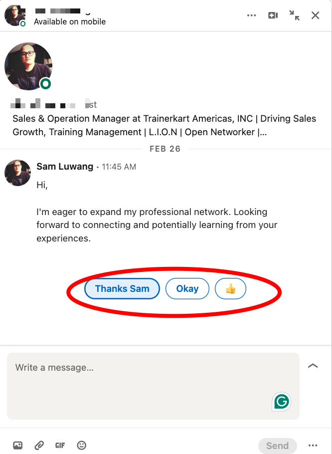 LinkedIn chat screenshot with quick replies