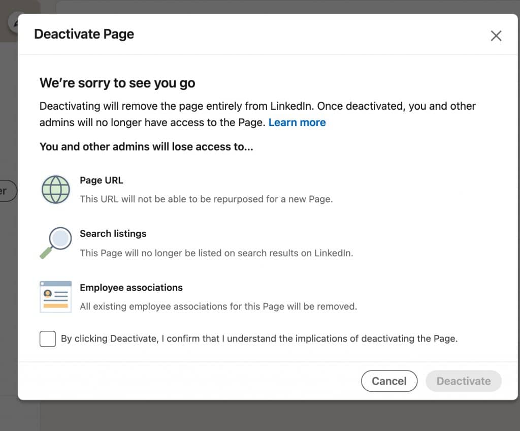 How to delete a showcase page on LinkedIn - screenshot of consequences window