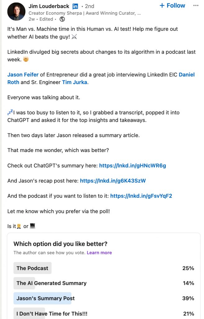 LinkedIn Polls for Lead Generation - screenshot of a post leading to listening to a podcast