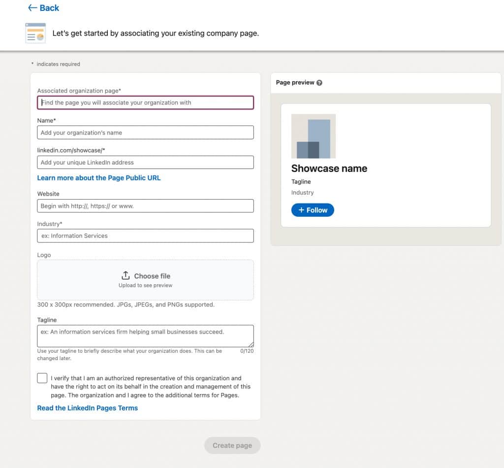 How to convert a LinkedIn company page to a showcase page - screenshot of company information