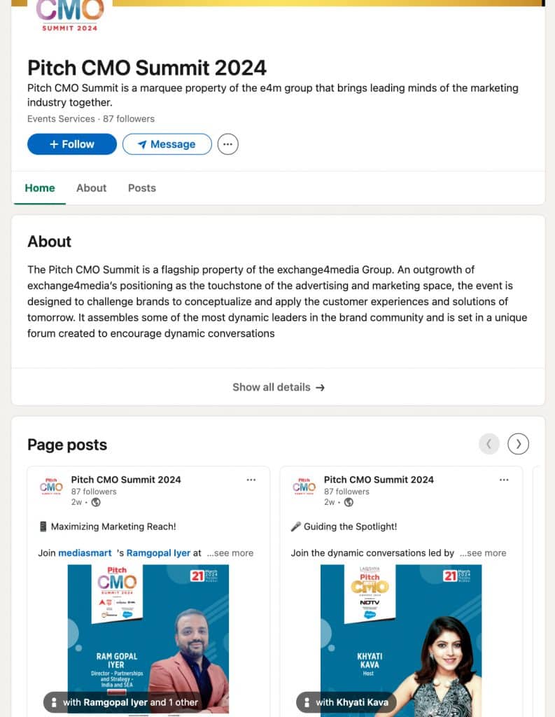 LinkedIn showcase page example by Exchange4media