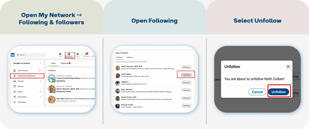 linkedin connect vs follow steps to unfollow