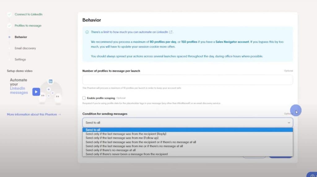 PhantomBuster uses received messages instead of “stop words” for conditions. phantombuster alternative