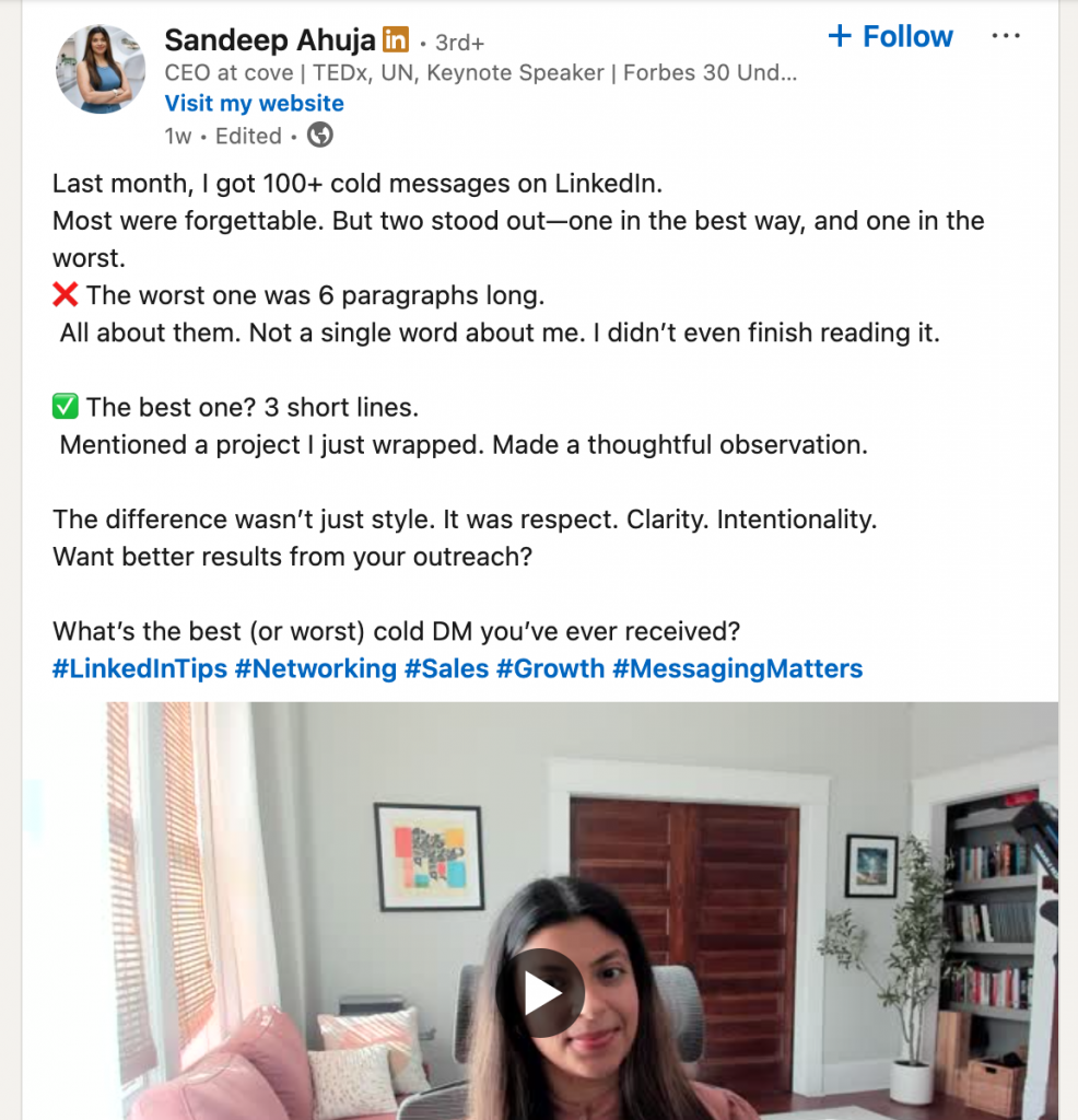 cold messaging on linkedin post by ceo