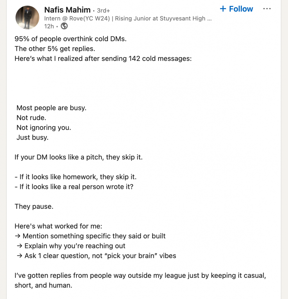 cold message on linkedin post about cold dms