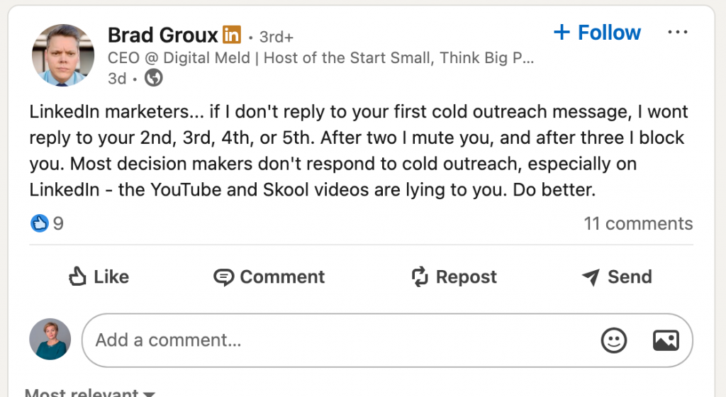 linkedin cold message experience by ceo