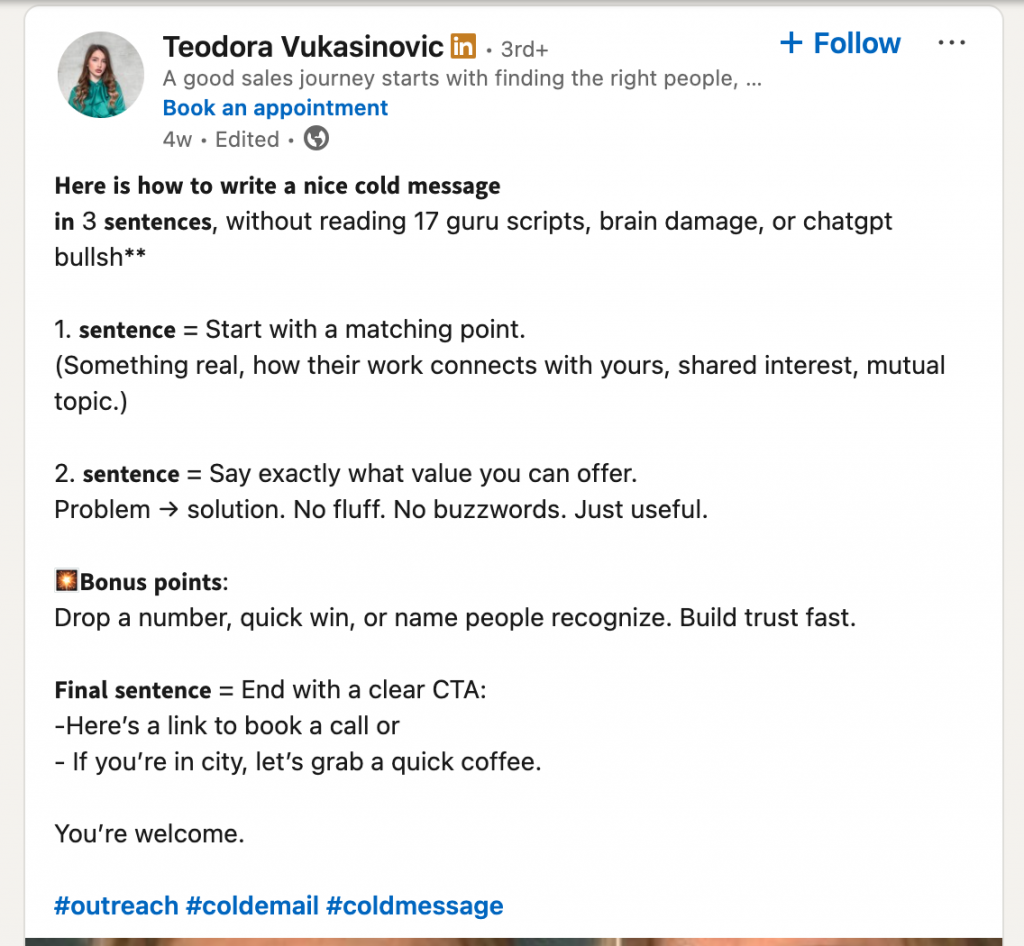 linkedin cold message best practices example