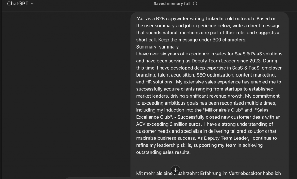 how to write a cold linkedin message chatgpt promt