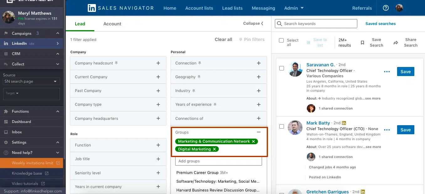groups filter purchase sales navigator
