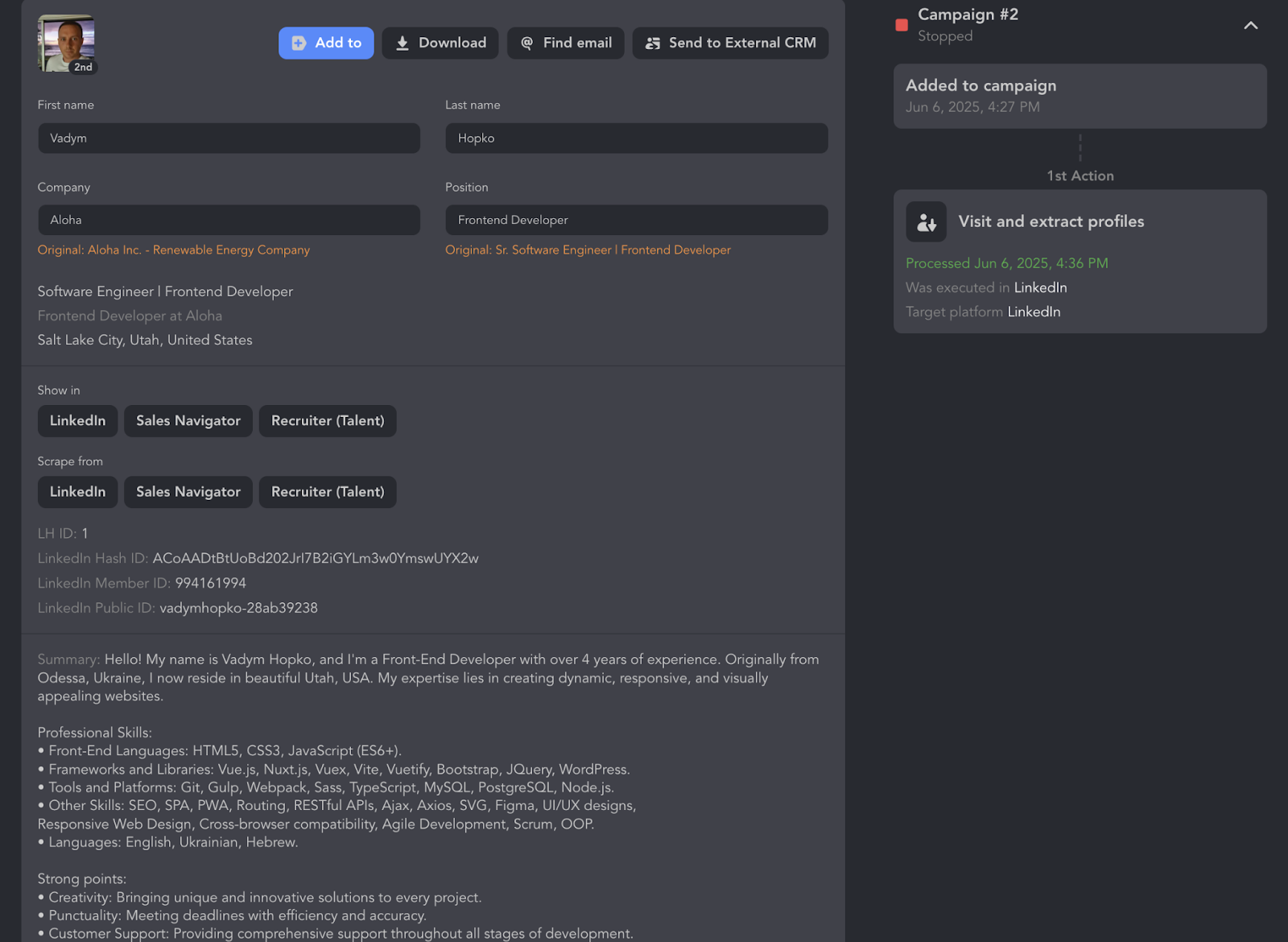 Linked Helper CRM dashboard for b2b sales strategies and tactics 
