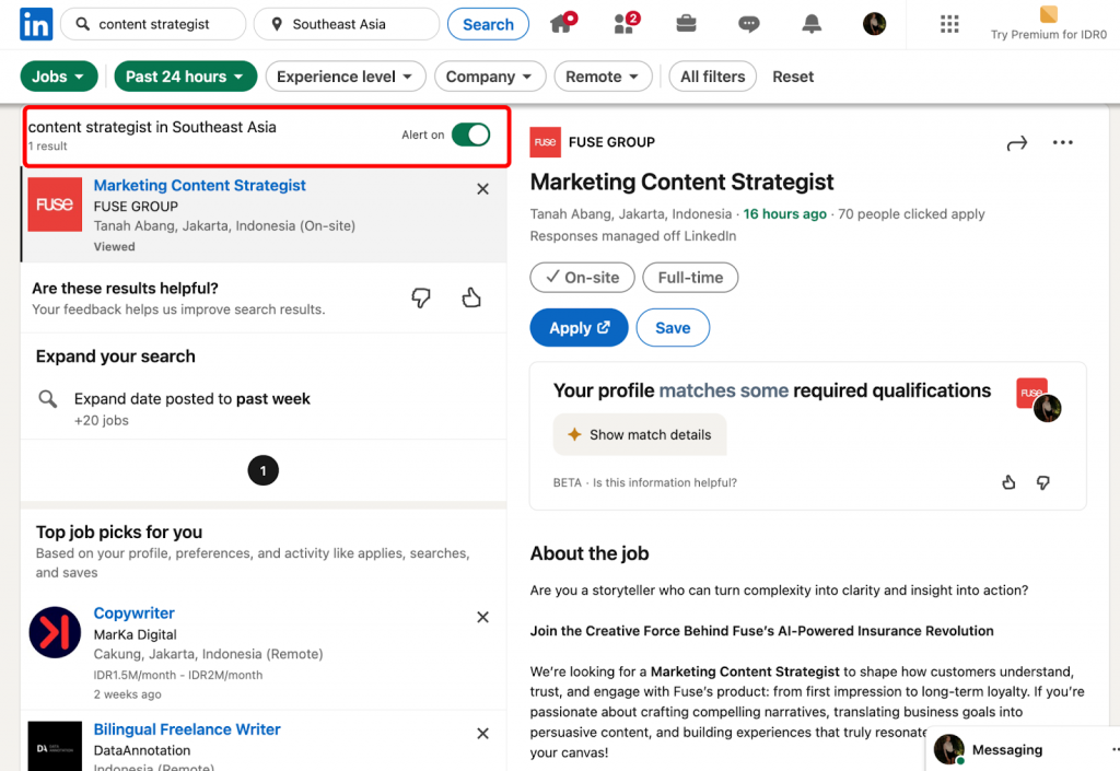 my saved jobs linkedin alert on toggle