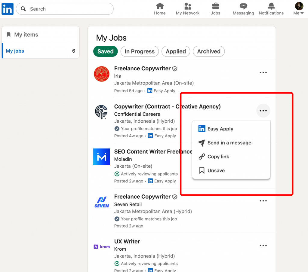 three dots menu
my saved jobs linkedin