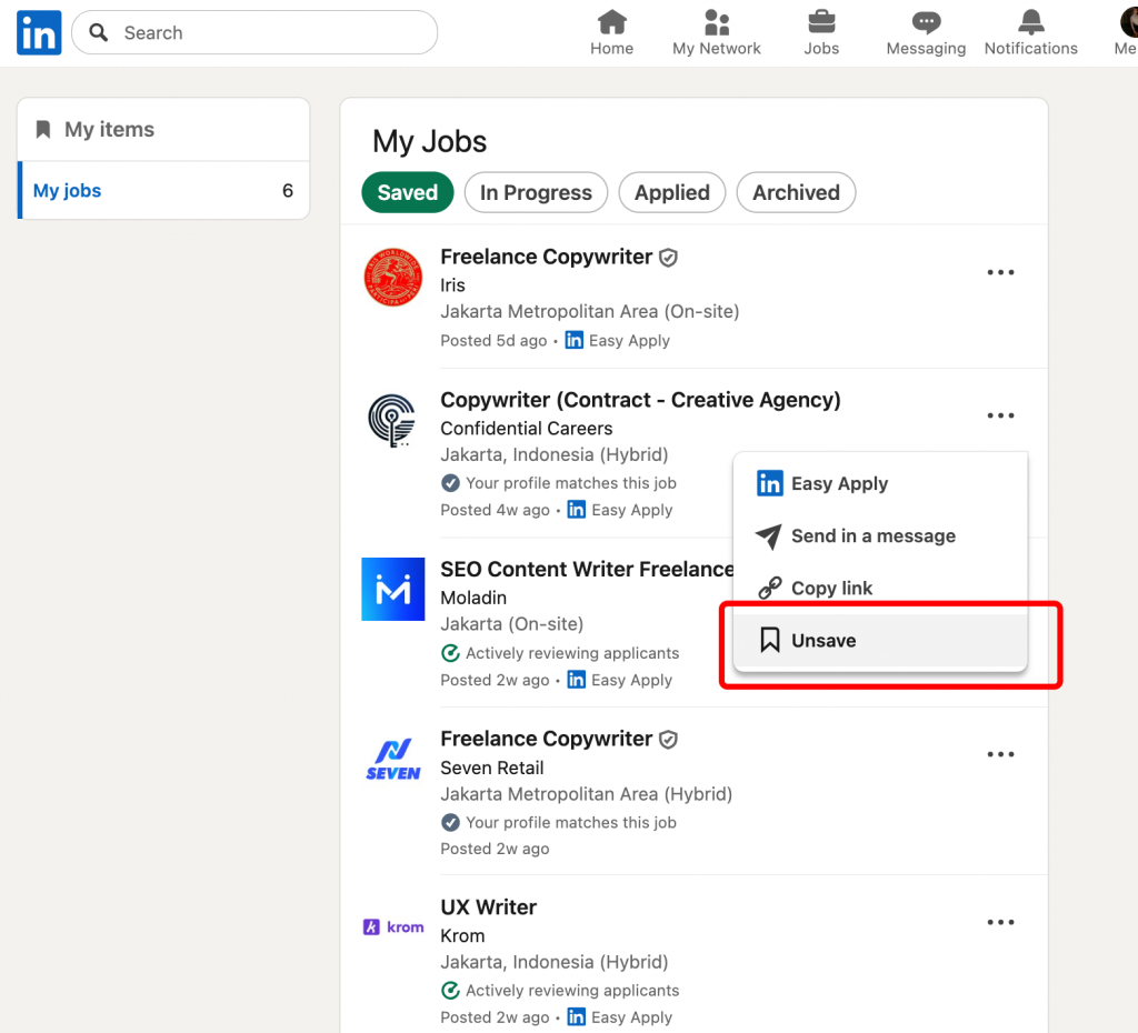unsave jobs from my saved jobs linkedin