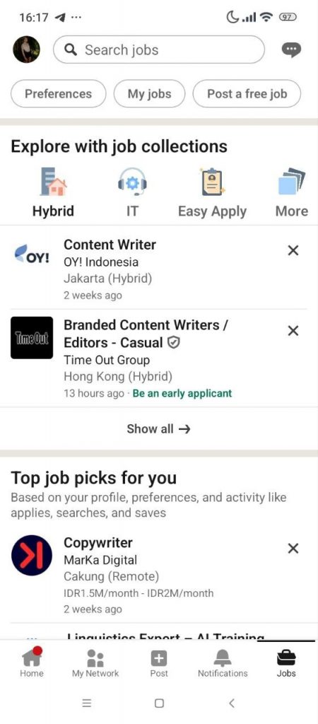 android app how to get to saved jobs on linkedin