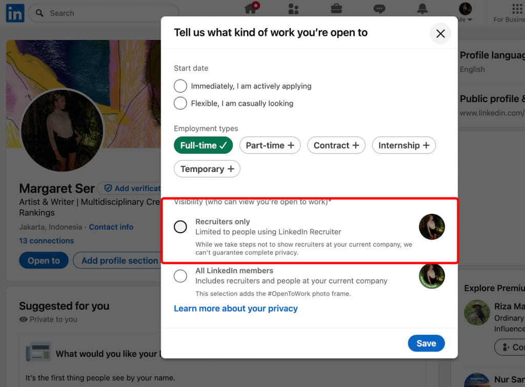 LinkedIn saved jobs are private open to work recruiters