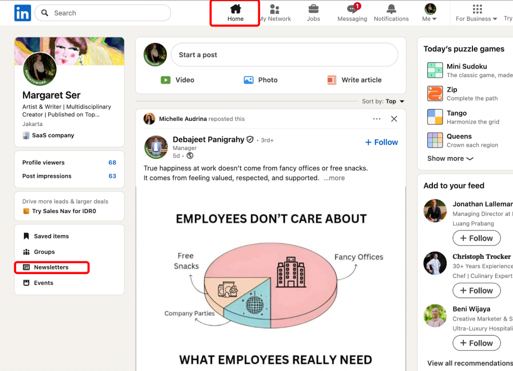 how to create a LinkedIn newsletter home button