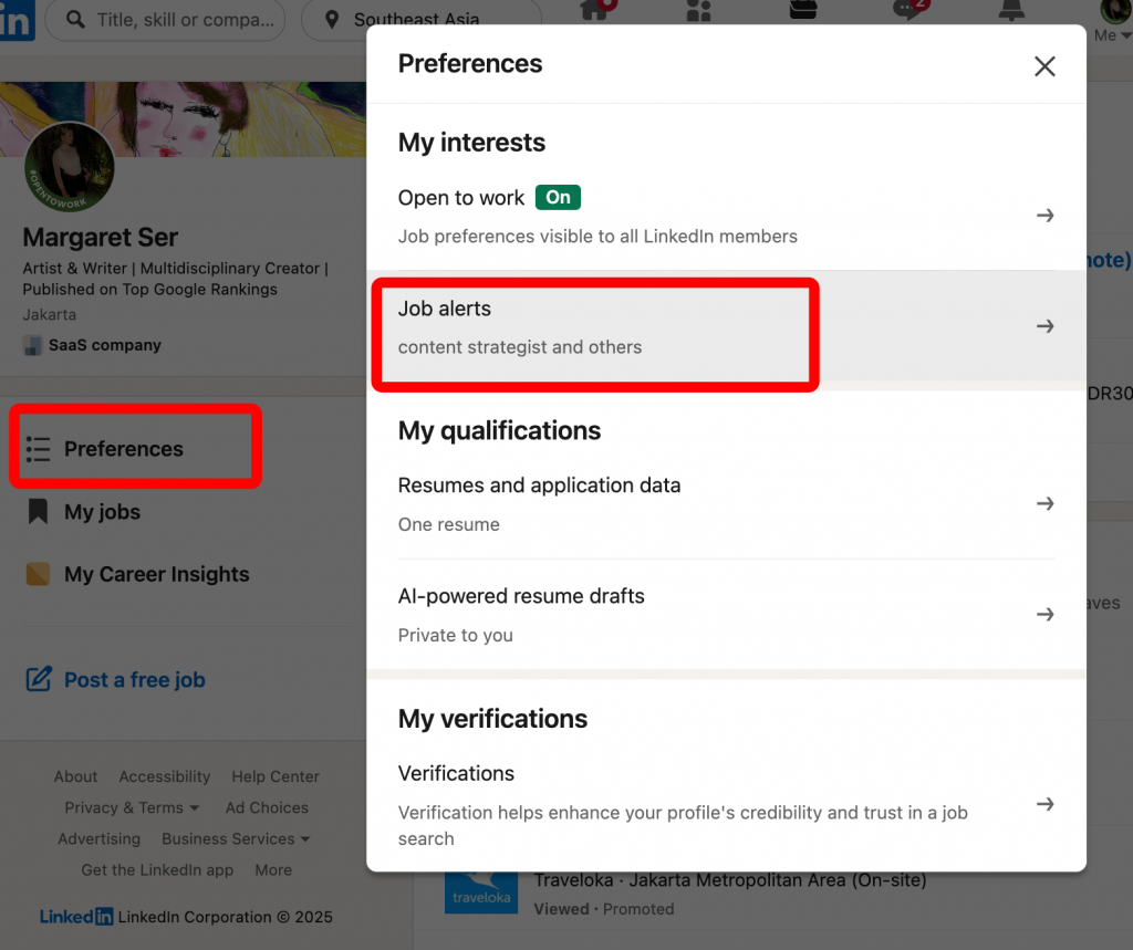 preferences menu how to edit job alerts on LinkedIn 