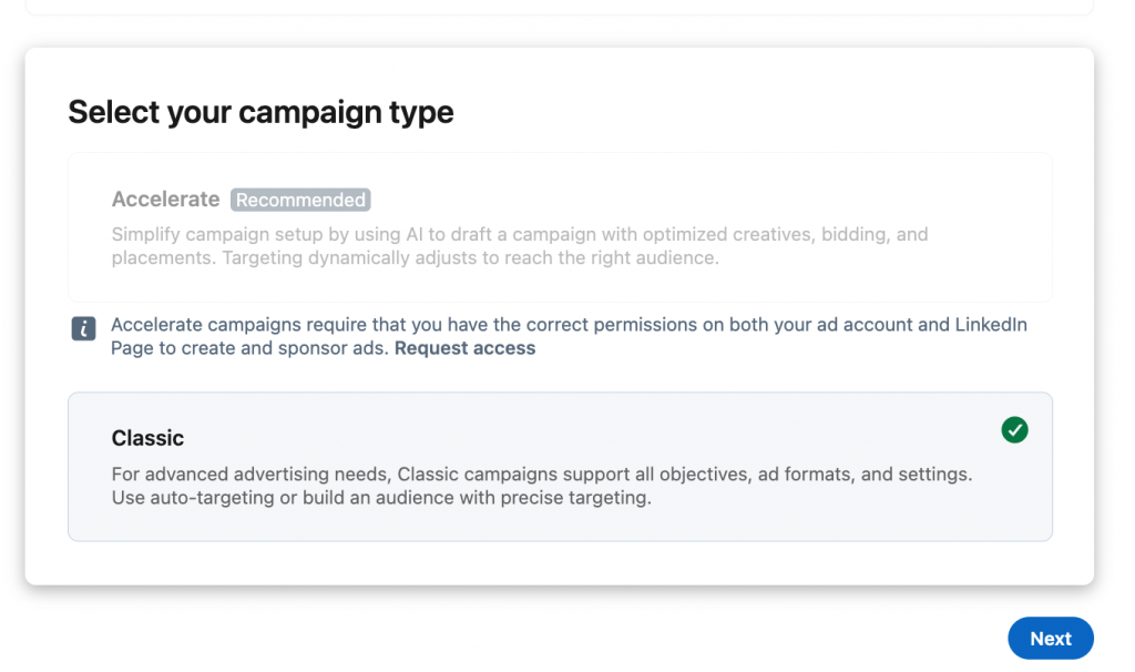 select your campaign type LinkedIn ad creation.