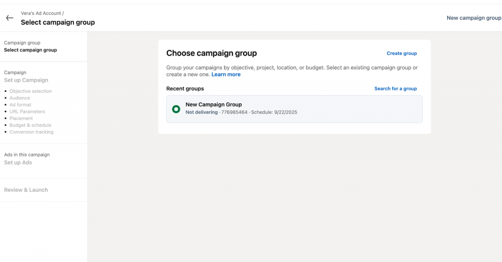 choose campaign group linkedin ad creation